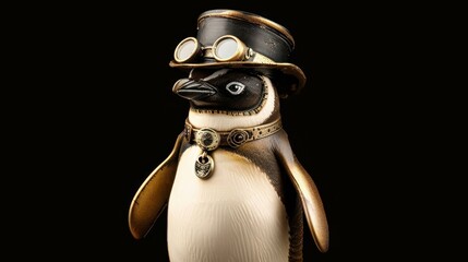 Meet a unique steampunk penguin, adorned with mechanical gears, standing proudly against a sleek black backdrop.