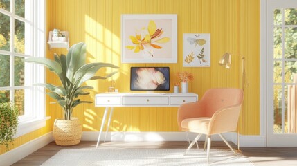 Poster - Sunny Yellow Room Home Office Workspace Design