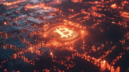 Poster - Glowing Bitcoin Symbol on Circuit Board Background