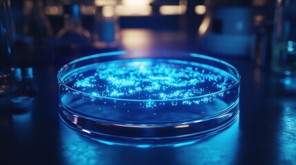 Poster - Glowing blue particles in a petri dish in a lab