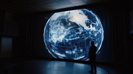 Poster - A person observes a digital global network projection