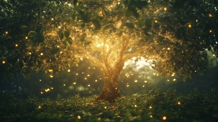 Aufkleber - Golden Light Tree Enchanting Forest Scene