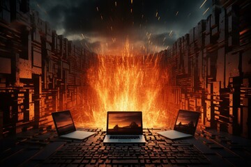 Poster - Metaverse explosion creating digital fire burning computer laptops in virtual reality with orange flames