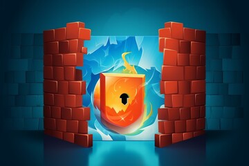 Poster - Breaking through brick wall revealing glowing security shield and keyhole, representing overcoming challenges in cybersecurity