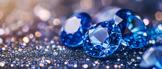 Poster - Sapphire gemstones shine with rich blue hues and intricate facets on a textured surface