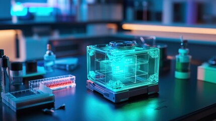 Poster - Illuminated Cube Device in Modern Laboratory Setting