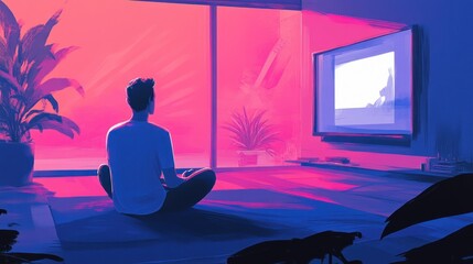 Poster - Man Meditates Before Television Modern Apartment Sunset Hues