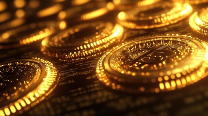 Poster - Golden Bitcoin Coins on Digital Background