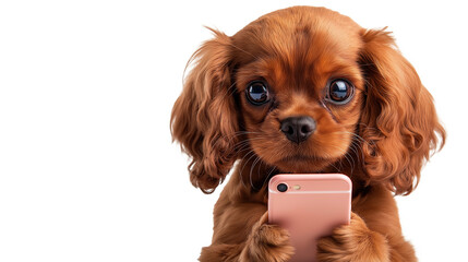 Funny Puppy Holding a Phone with Copy Space, Isolated on Transparent Background