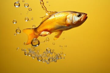 Poster - Goldfish swimming upwards leaving bubbles on yellow background