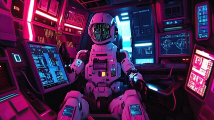 Poster - Astronaut Robot Works in Futuristic Spaceship Control Room