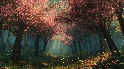 Wall Mural - Sunlit Path Through A Blossoming Pink Flower Forest