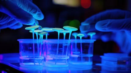 Poster - Gloved hands tend to bioluminescent mushrooms in lab cups