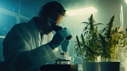 Poster - Scientist Examining Cannabis Plants Under Microscope