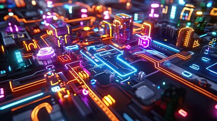 Poster - Neon Cityscape Integrated Within Circuit Board Design