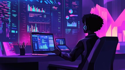 Poster - Data Analyst Working With Multiple Screens Showing Charts And Graphs