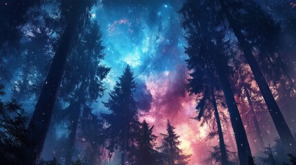 Poster - Mystical Forest Underneath a Starry Night Sky