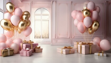 elegant celebration scene with pastel pink and gold balloons and gift boxes in a bright interior