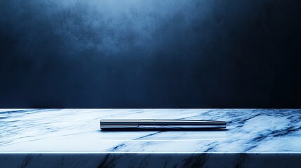 Poster - Metallic Cylinder Rests on Marble Surface Against Dark Background