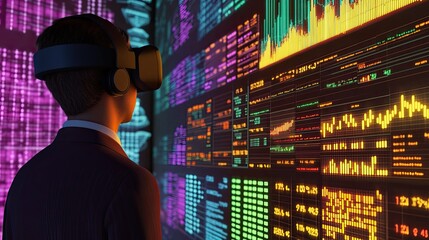 Poster - Businessman using virtual reality to analyze financial data