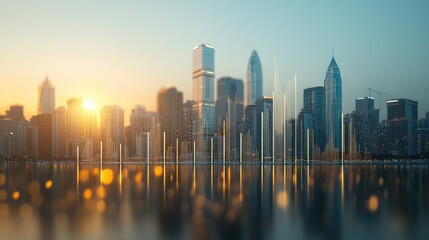 Poster - Modern City Skyline at Sunset with Graphic Overlay