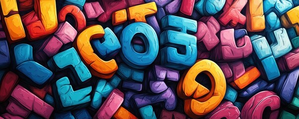 Sticker - Colorful and Artistic 3D Typography Featuring an Array of Multicolored Letters in Various Sizes and Arrangements Creating a Chaotic Visual Pattern