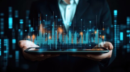 Poster - Businessperson displays digital financial data charts on tablet