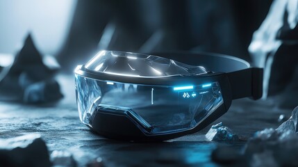 Poster - Futuristic Augmented Reality Glasses Resting on Rocks
