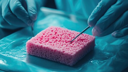 Poster - Gloved hands delicately examine pink porous material