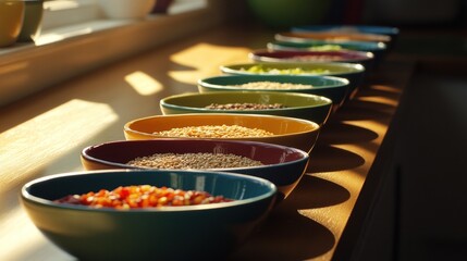 Poster - Colorful bowls filled with various grains and seeds in sunlight