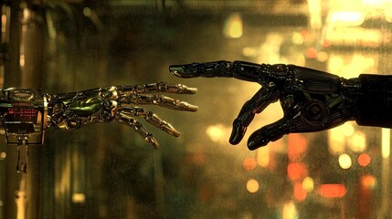 Poster - Two Robotic Hands Reaching Towards Each Other In A Futuristic Setting