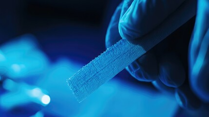 Poster - Gloved Hand Holding a Thin Blue Fabric Sample