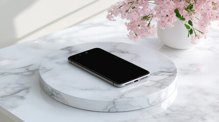 Poster - Smartphone rests on marble display with pink flowers