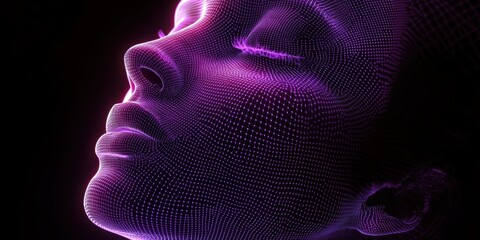 Sticker - Digital Abstract Art Featuring a Futuristic 3D Mesh Face Rendering with Neon Violet Lighting in a Dark Background Context