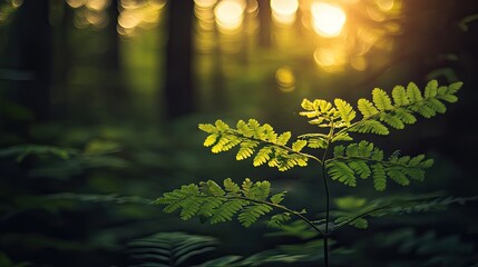 Aufkleber - Golden sunlight illuminates a fern in a dark forest