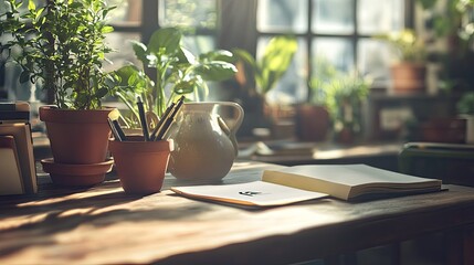 Poster - Sunlit Workspace With Plants Notebook And Pens
