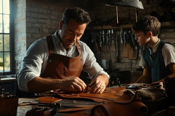 Wall Mural - A leather craftsman meticulously works on a piece of leather, guided by his young apprentice in a rustic workshop.