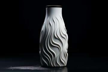 Poster - modern white vase with wavy design standing on a dark reflective surface, representing elegance and 