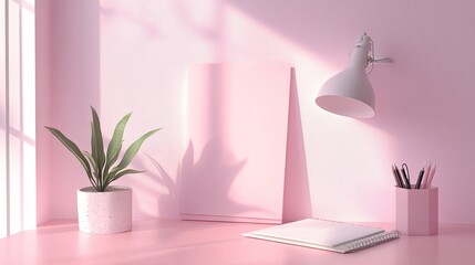 Aufkleber - Pink Desk Setup With Plant Lamp And Notebook