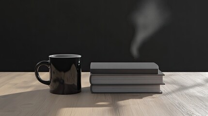 Poster - Black Mug and Stacked Books on Wooden Table