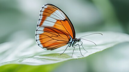 Poster - Orange and White Butterfly Rests on Green Leaf