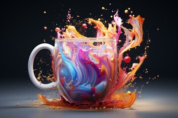 Poster - Multicolored paint exploding from a white mug, creating a vibrant and dynamic scene