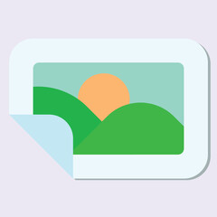 Poster - Illustration of a landscape with green hills and a rising orange sun in a frame with a folded corner