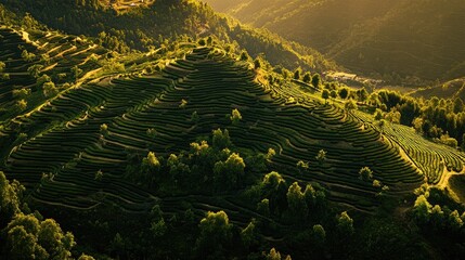 Poster - Sunlit terraced hillside tea plantation landscape