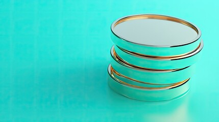 Poster - Stacked Gold Trimmed Turquoise Discs On Turquoise Background