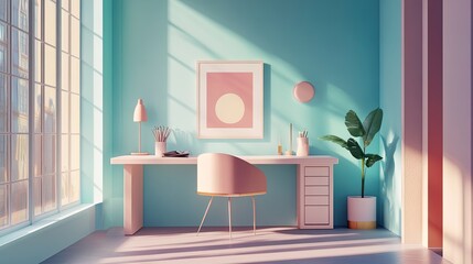 Poster - Pastel Home Office Workspace Design With Natural Light