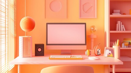 Poster - Pastel Workspace Featuring Computer Keyboard and Accessories