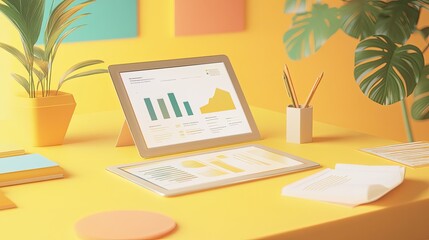 Poster - Modern Workplace Tablet Displays Business Data Graphs