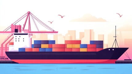 Poster - Container Ship Docked at City Port Crane