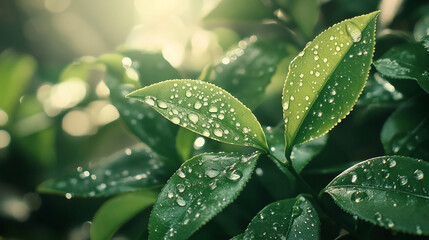 Aufkleber - Morning dew glistens on fresh green leaves in a serene garden setting under soft sunlight